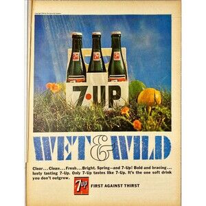 7 UP "First Against Thirst: Wet & Wild" Vtg Print Ad 1966